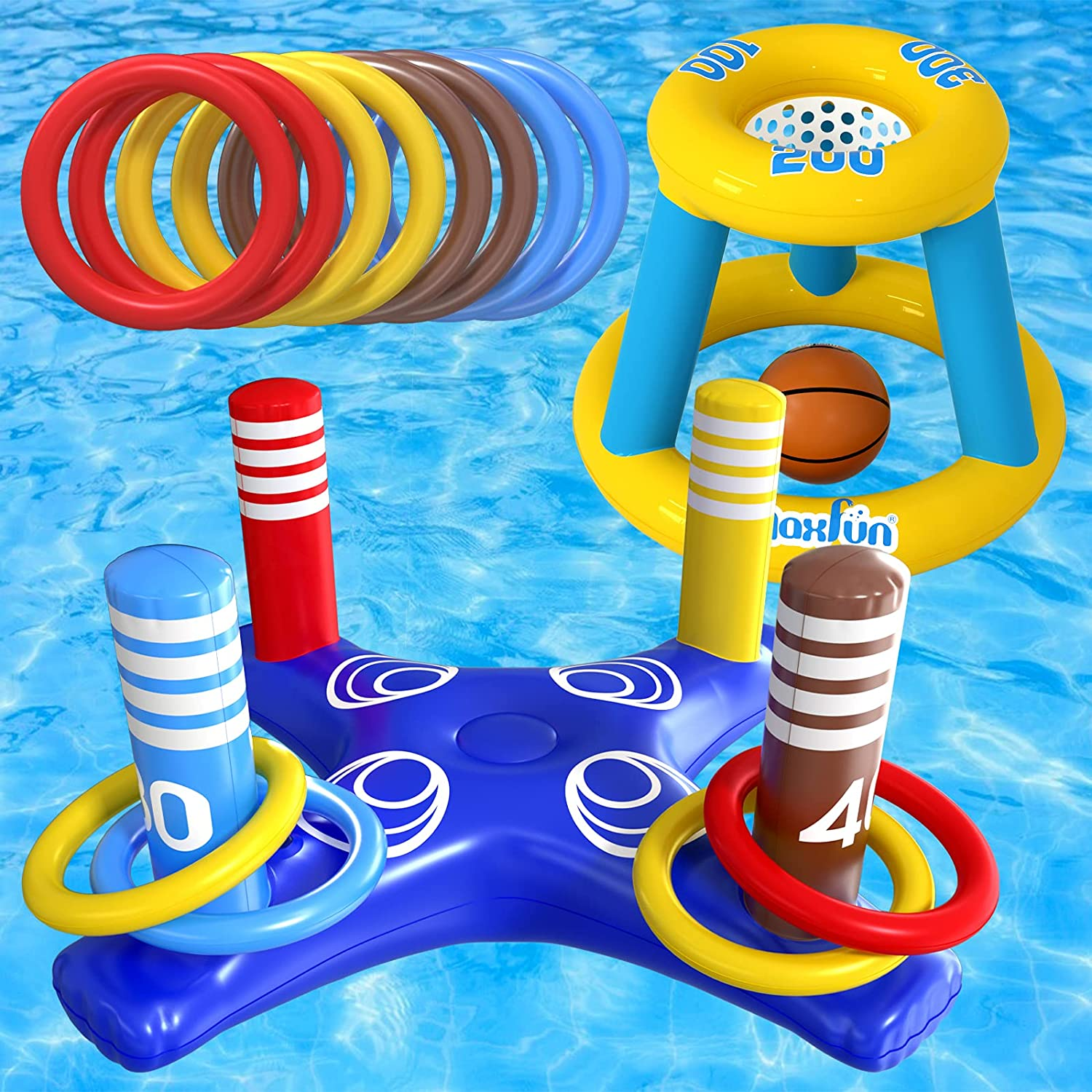 Pool Floats Toys Games Set - Floating Basketball Hoop Inflatable Cross Ring Toss