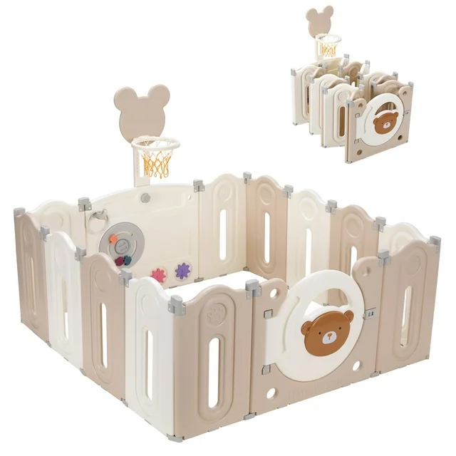 Pirecart 14-Panel Foldable Baby Playpen, Unisex Kids Playard Center with Game Panel & Lock Door