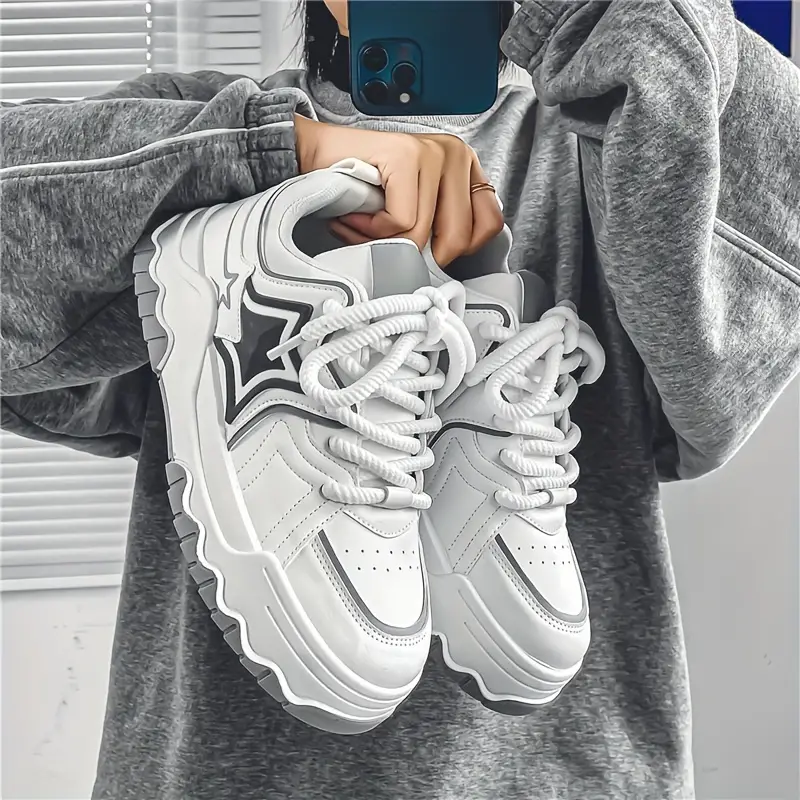 Men's Trendy Solid Street Style Platform Skate Shoes, Comfy Non Slip Lace Up Casual Sneakers For Men's Outdoor Activities, Men's Footwear